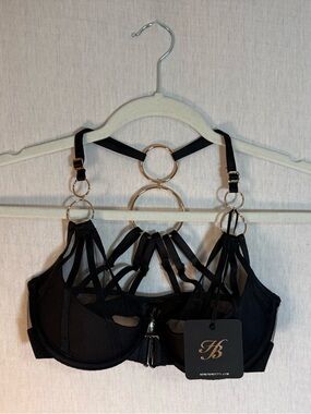 NWT Honey Birdette Anita Bra size 30G (us) Black Strappy Bra, Gold Rings